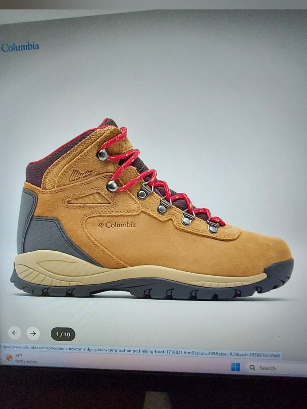 Columbia Women's Brown Elk Suede Waterproof Hiking Boot w Red Laces. Sz 9.5 NWB